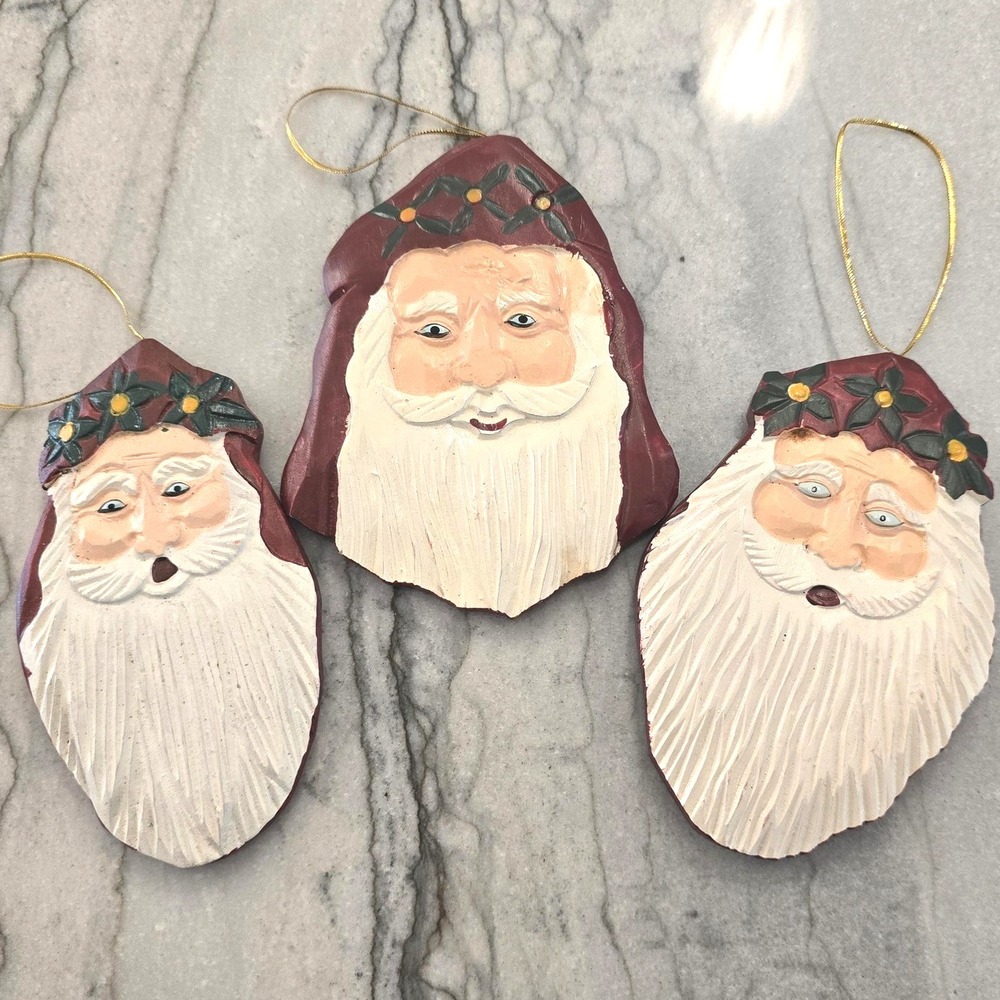 Hand Carved‎ Santa Face Ornaments 3 Christmas Holiday Painted Wood Folk Art